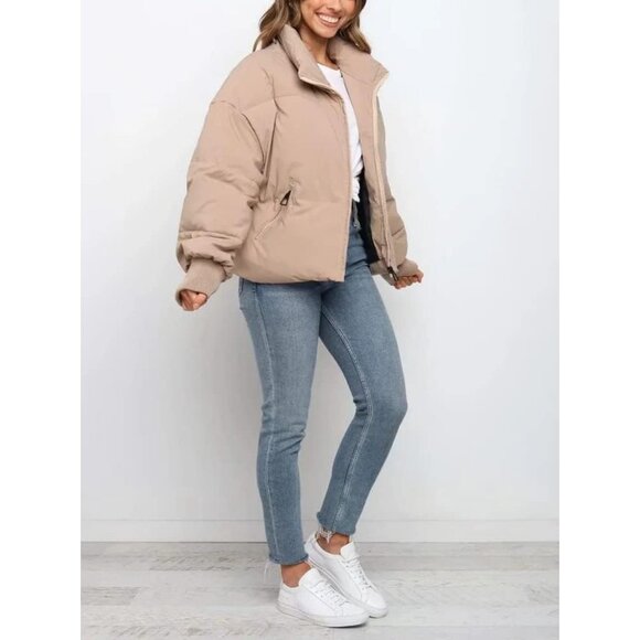 Women’s Khaki Winter Cropped Coat Short Warm Imported Quilted Puffer Jacket - Picture 3 of 6